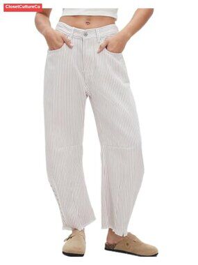 Womens Mid Rise Wide Leg Barrel Jeans Stripe Denim Pants